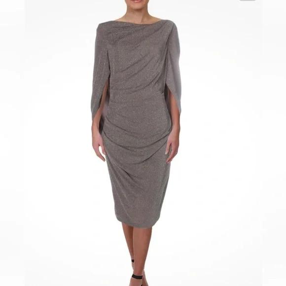 knee length dresses for ladies Betsy & Adam Plus Size Metallic Print Cowlneck Gown - Navy/Gold main image 1